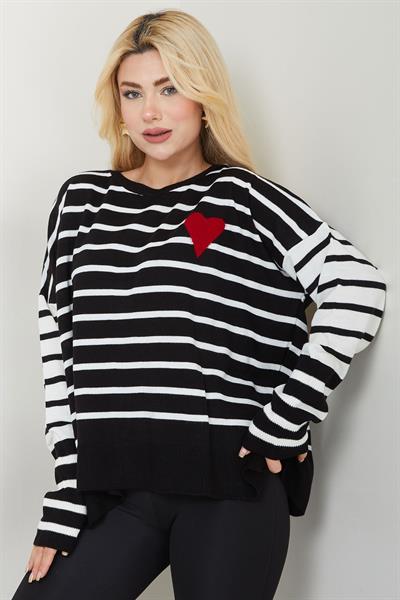 Kalp Aplikeli Çizgili Kazak SS2617 Siyah