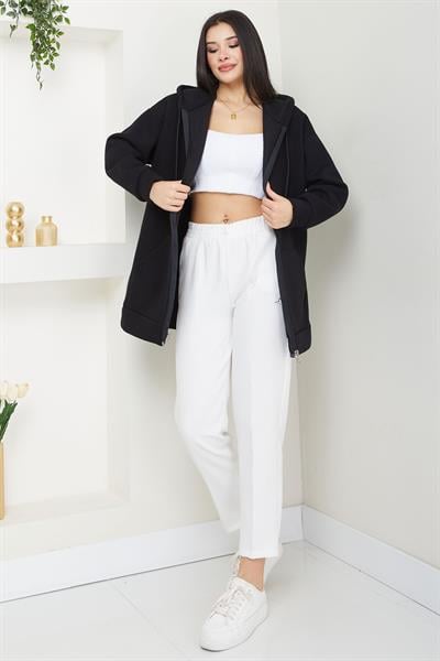 Kapüşonlu 3 İplik İçi Şardonlu Fermuarlı Sweatshirt Hırka Siyah SS2648