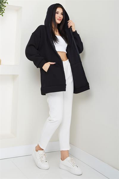Kapüşonlu 3 İplik İçi Şardonlu Fermuarlı Sweatshirt Hırka Siyah SS2648
