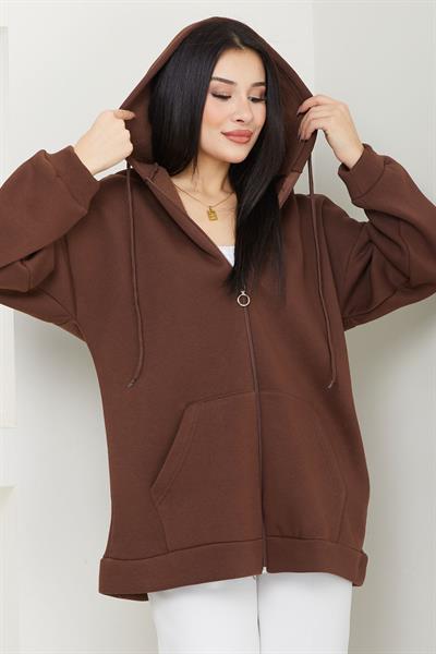 Kapüşonlu 3 İplik İçi Şardonlu Fermuarlı Sweatshirt Hırka Kahverengi SS2648