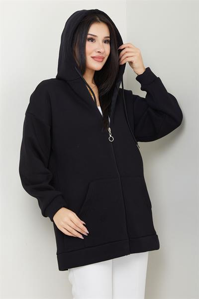 Kapüşonlu 3 İplik İçi Şardonlu Fermuarlı Sweatshirt Hırka Siyah SS2648