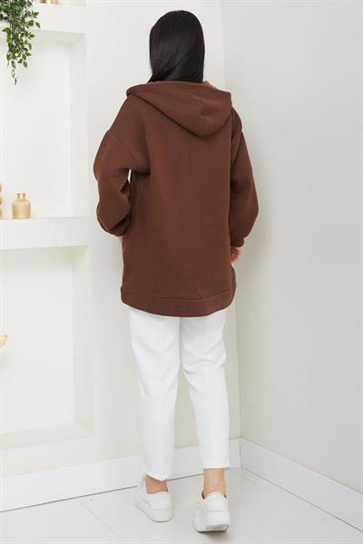 Kapüşonlu 3 İplik İçi Şardonlu Fermuarlı Sweatshirt Hırka Kahverengi SS2648