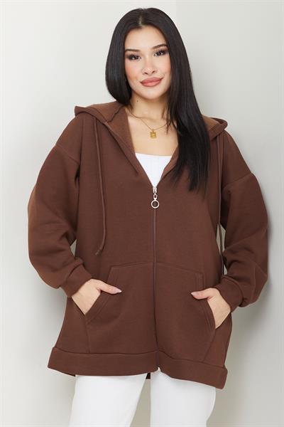Kapüşonlu 3 İplik İçi Şardonlu Fermuarlı Sweatshirt Hırka Kahverengi SS2648