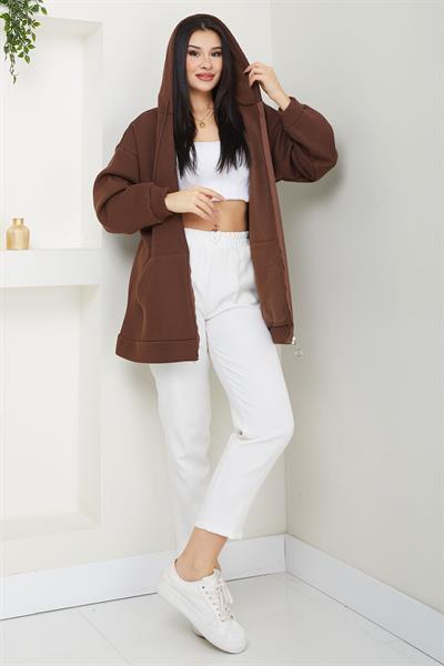 Kapüşonlu 3 İplik İçi Şardonlu Fermuarlı Sweatshirt Hırka Kahverengi SS2648