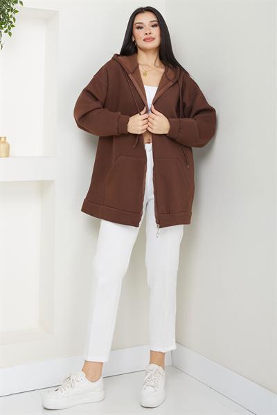Kapüşonlu 3 İplik İçi Şardonlu Fermuarlı Sweatshirt Hırka Kahverengi SS2648