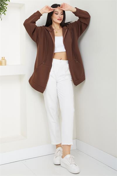 Kapüşonlu 3 İplik İçi Şardonlu Fermuarlı Sweatshirt Hırka Kahverengi SS2648
