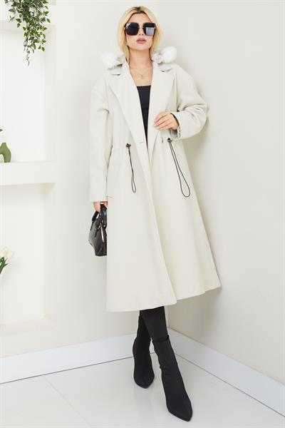 Kapüşonlu Beli Büzgülü Kaşe Kaban Ekru SS2604