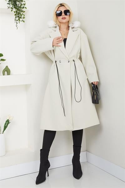 Kapüşonlu Beli Büzgülü Kaşe Kaban Ekru SS2604