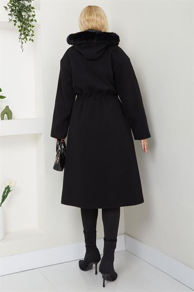 Kapüşonlu Beli Büzgülü Kaşe Kaban Siyah SS2604