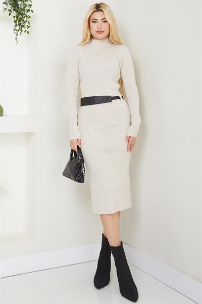 Kemerli Fitilli Triko Elbise Bej SS2598
