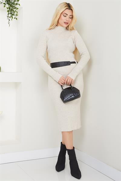 Kemerli Fitilli Triko Elbise Bej SS2598