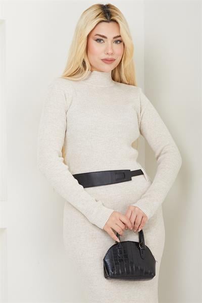 Kemerli Fitilli Triko Elbise Bej SS2598