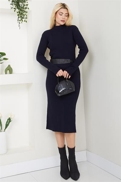 Kemerli Fitilli Triko Elbise Lacivert SS2598