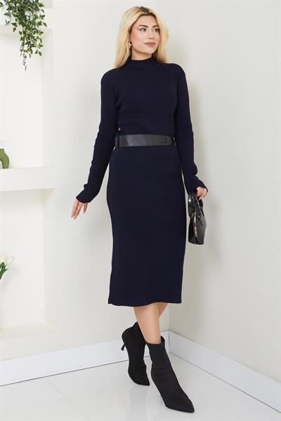 Kemerli Fitilli Triko Elbise Lacivert SS2598