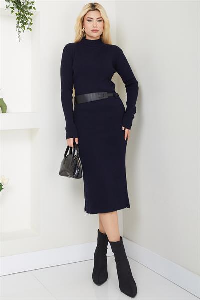 Kemerli Fitilli Triko Elbise Lacivert SS2598