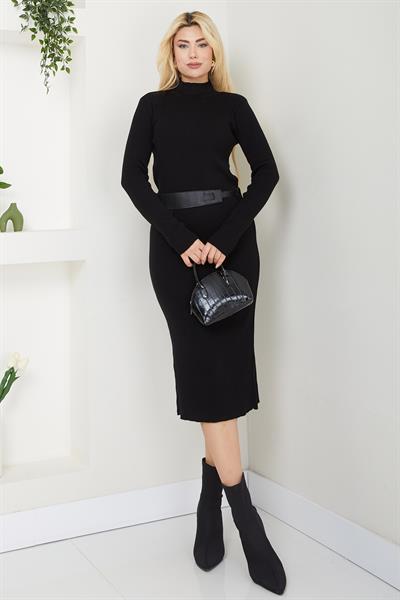 Kemerli Fitilli Triko Elbise Siyah SS2598