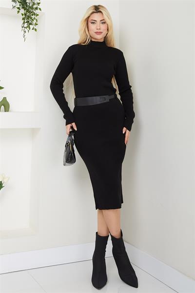 Kemerli Fitilli Triko Elbise Siyah SS2598