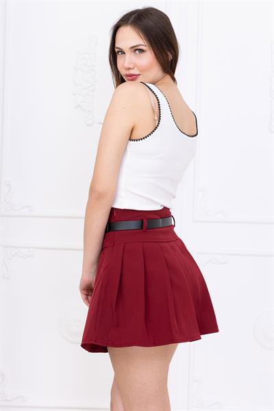 Kemerli Pileli Şort Etek Bordo SS2699