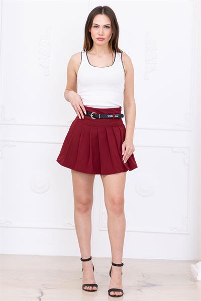 Kemerli Pileli Şort Etek Bordo SS2699