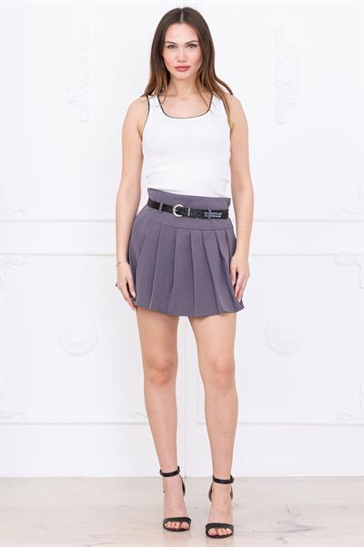 Kemerli Pileli Şort Etek Gri SS2699