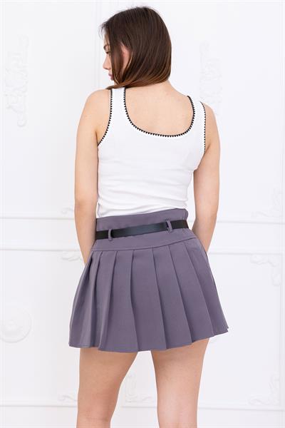 Kemerli Pileli Şort Etek Gri SS2699