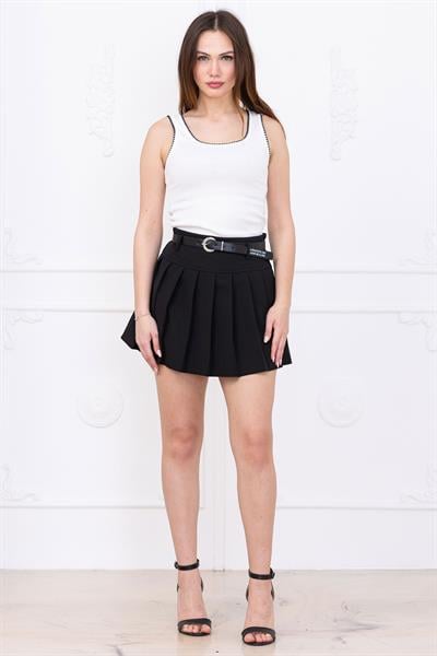 Kemerli Pileli Şort Etek Siyah SS2699