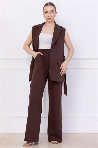 Kemerli Yelekli Takım Kahverengi SS2749