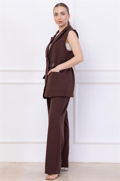 Kemerli Yelekli Takım Kahverengi SS2749