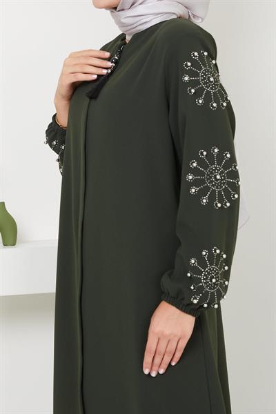 Kolu Taşlı ve İncili Ferace Haki HM2494