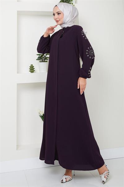 Kolu Taşlı ve İncili Ferace Mürdüm HM2494