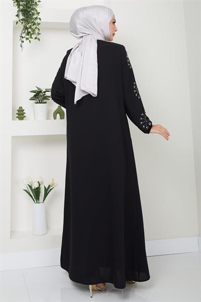 Kolu Taşlı ve İncili Ferace Siyah HM2494