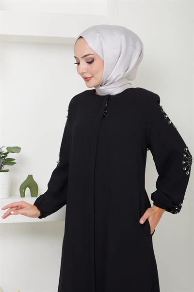 Kolu Taşlı ve İncili Ferace Siyah HM2494