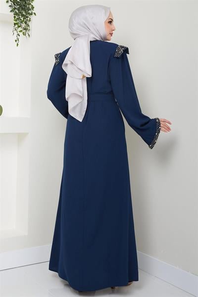Kolu ve Omzu İncili Ferace Lacivert HM2425