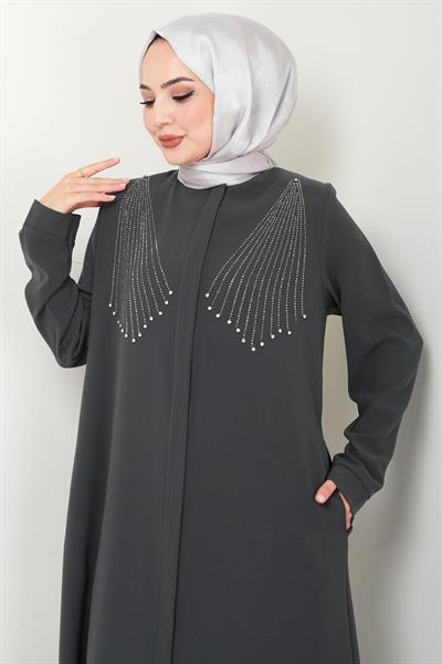 Kristal Taş İşlemeli Ferace Antrasit HM2423