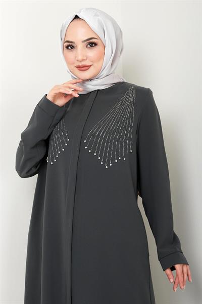 Kristal Taş İşlemeli Ferace Antrasit HM2423