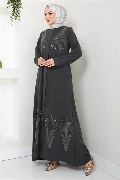 Kristal Taş İşlemeli Ferace Antrasit HM2423