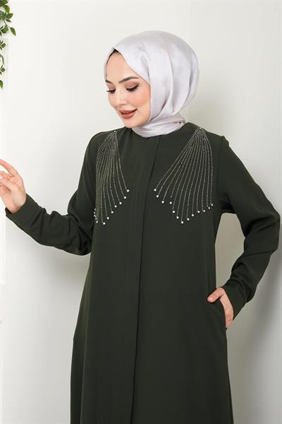 Kristal Taş İşlemeli Ferace Haki HM2423