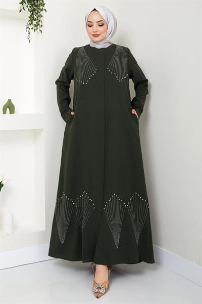 Kristal Taş İşlemeli Ferace Haki HM2423