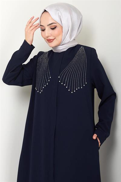 Kristal Taş İşlemeli Ferace Lacivert HM2423