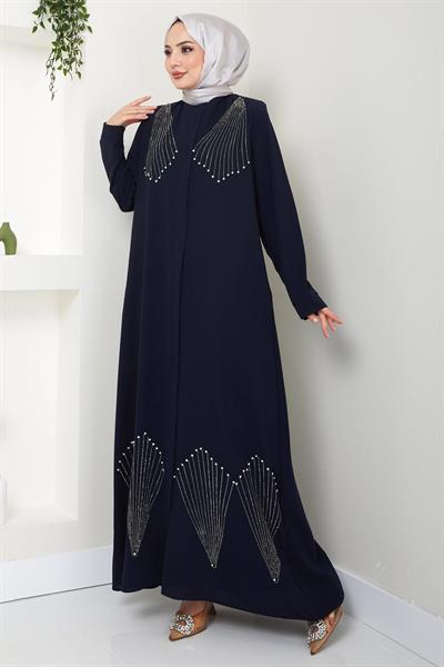 Kristal Taş İşlemeli Ferace Lacivert HM2423