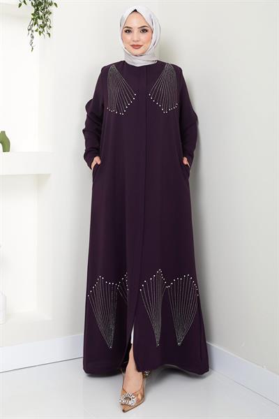 Kristal Taş İşlemeli Ferace Mürdüm HM2423