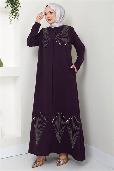 Kristal Taş İşlemeli Ferace Mürdüm HM2423
