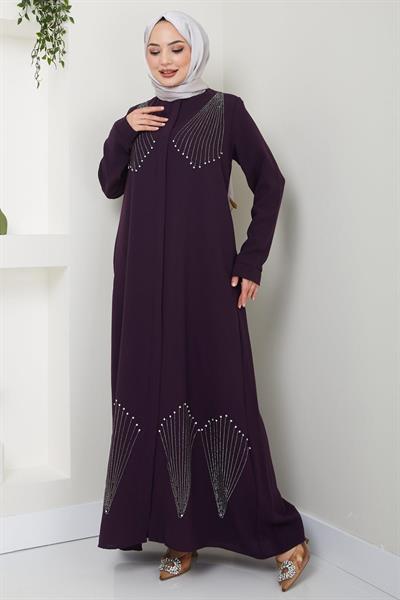 Kristal Taş İşlemeli Ferace Mürdüm HM2423