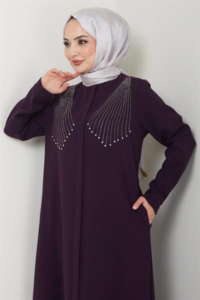Kristal Taş İşlemeli Ferace Mürdüm HM2423