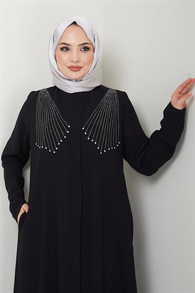 Kristal Taş İşlemeli Ferace Siyah HM2423