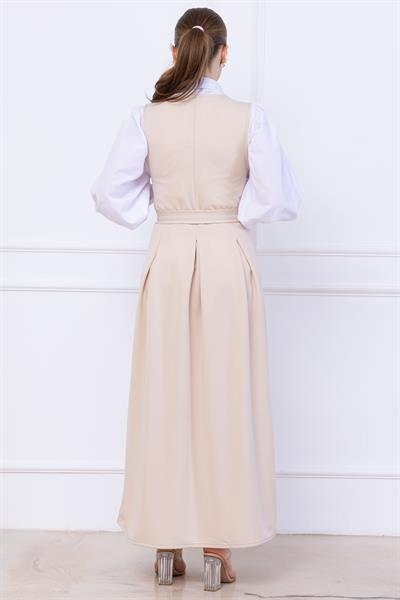Kuşaklı Pileli Jile Elbise Bej SS2736