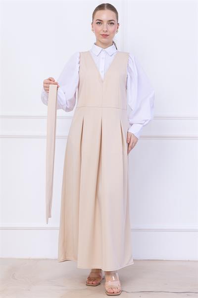 Kuşaklı Pileli Jile Elbise Bej SS2736