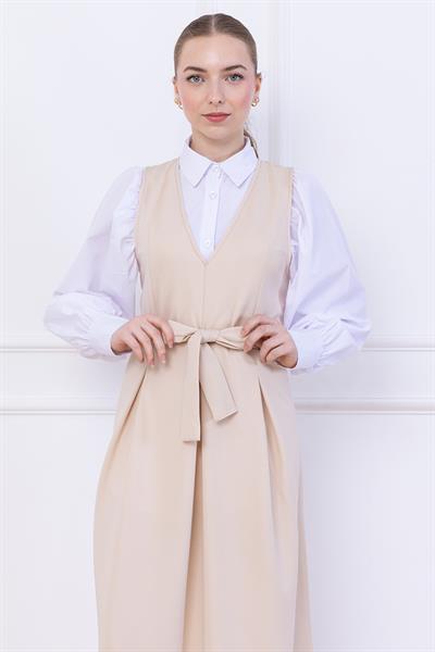 Kuşaklı Pileli Jile Elbise Bej SS2736