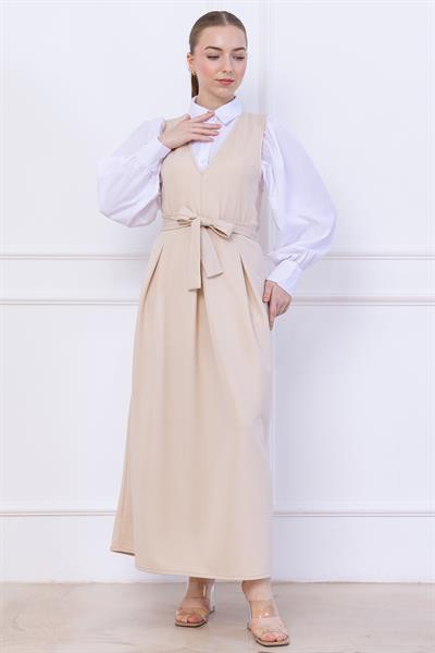 Kuşaklı Pileli Jile Elbise Bej SS2736