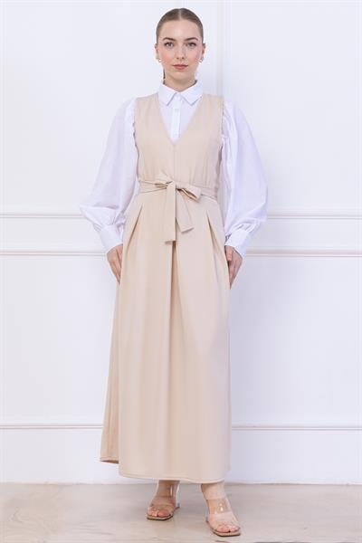 Kuşaklı Pileli Jile Elbise Bej SS2736